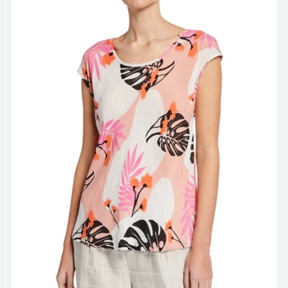 Masai Kari Black and Pink Cap Sleeve T-Shirt with Botanical Print NWT - Picture 1 of 6